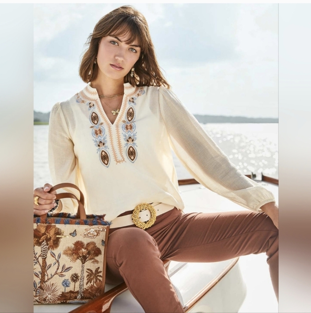 Spartina 449 Analyn Embroidered Tunic Blouse 100% Cotton Gauze Sheer Boho Size L